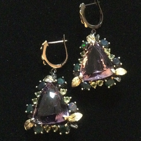 Breathtaking Genuine Amethyst & Black Opal Earrings, combined 53 CTW ! - Picture 4 of 11